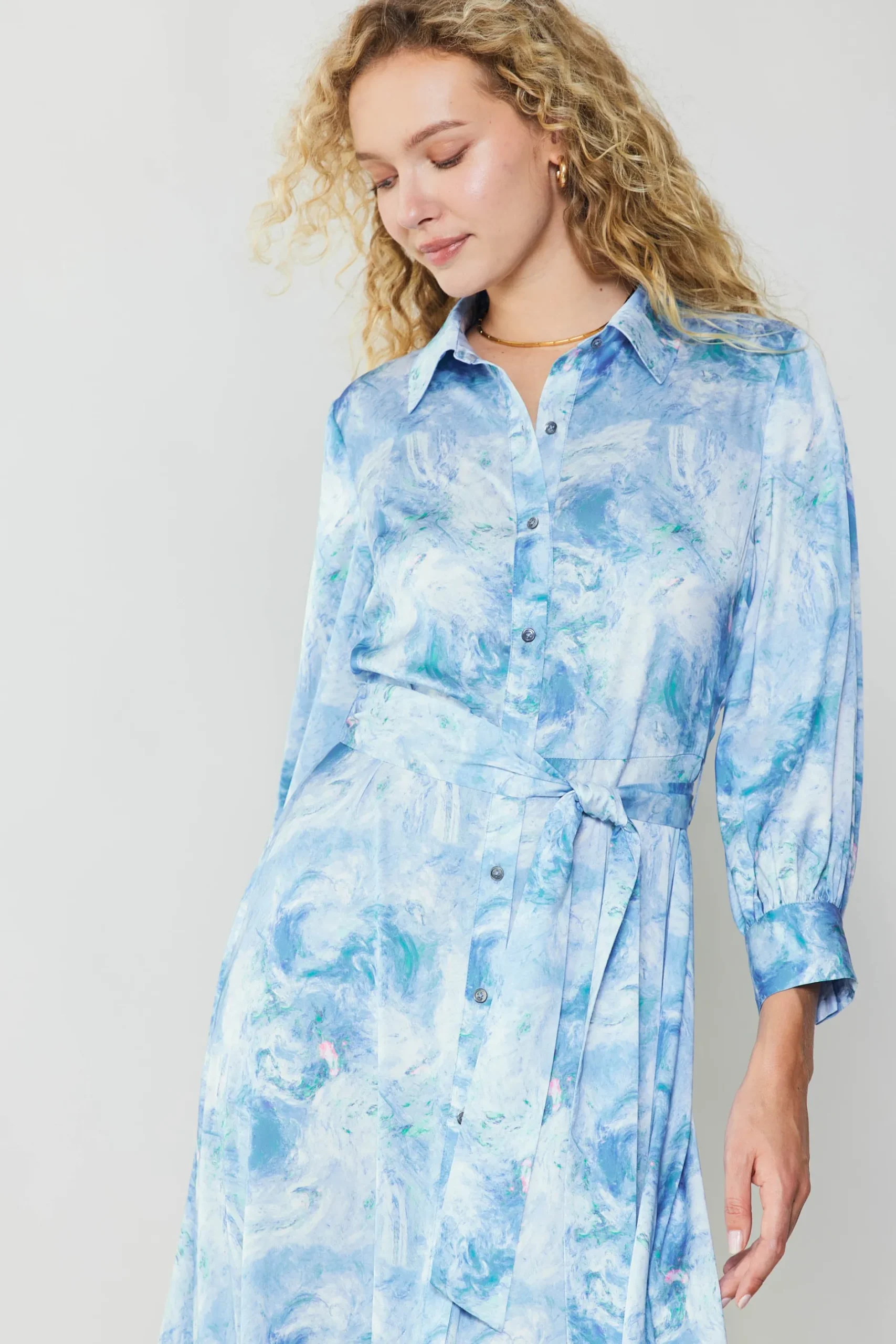 Maxi Dresses|Midi Dresses-Current Air Marbled Motif Buttondown Dress BLUEMULTI