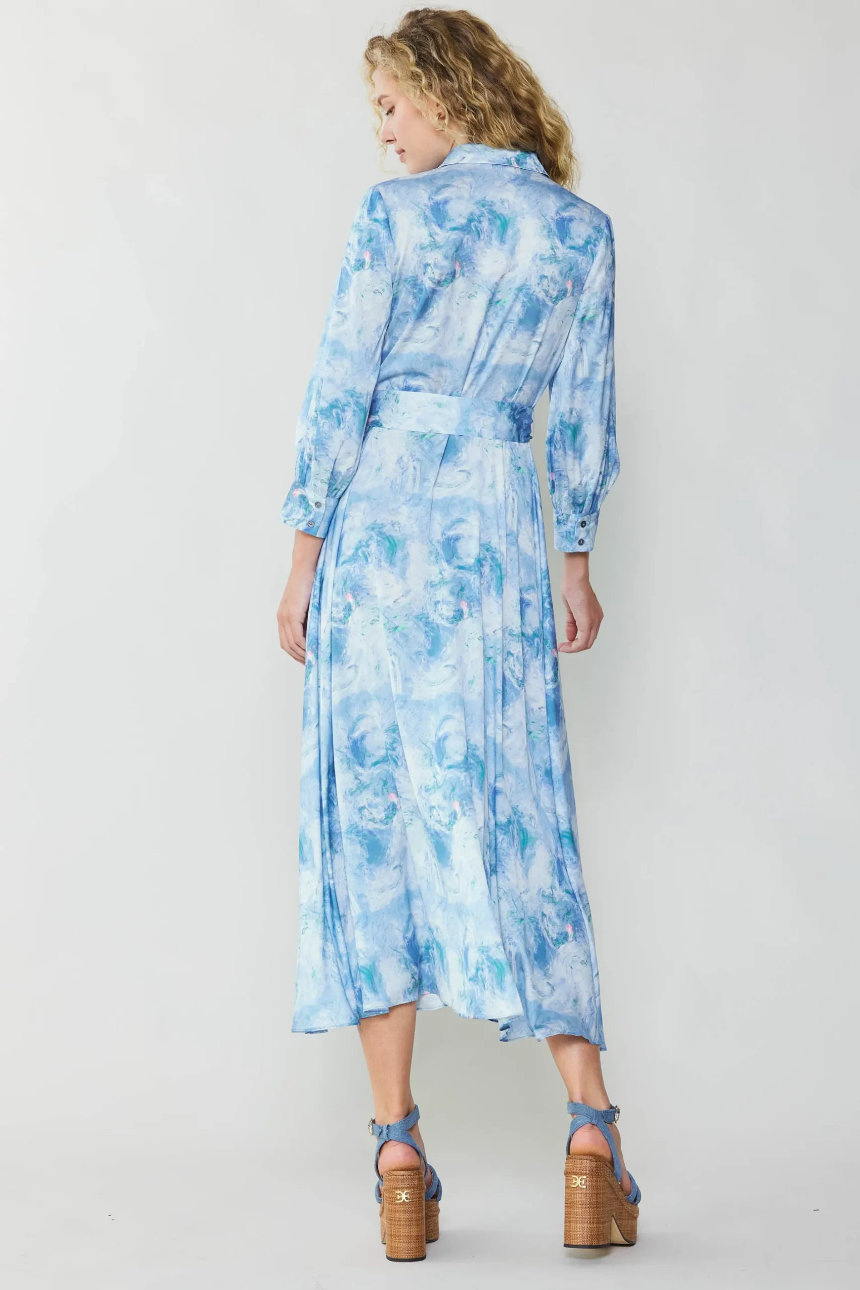 Maxi Dresses|Midi Dresses-Current Air Marbled Motif Buttondown Dress BLUEMULTI