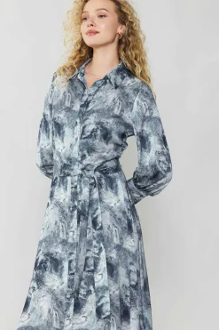 Maxi Dresses|Midi Dresses-Current Air Marbled Motif Buttondown Dress GREYMULTI