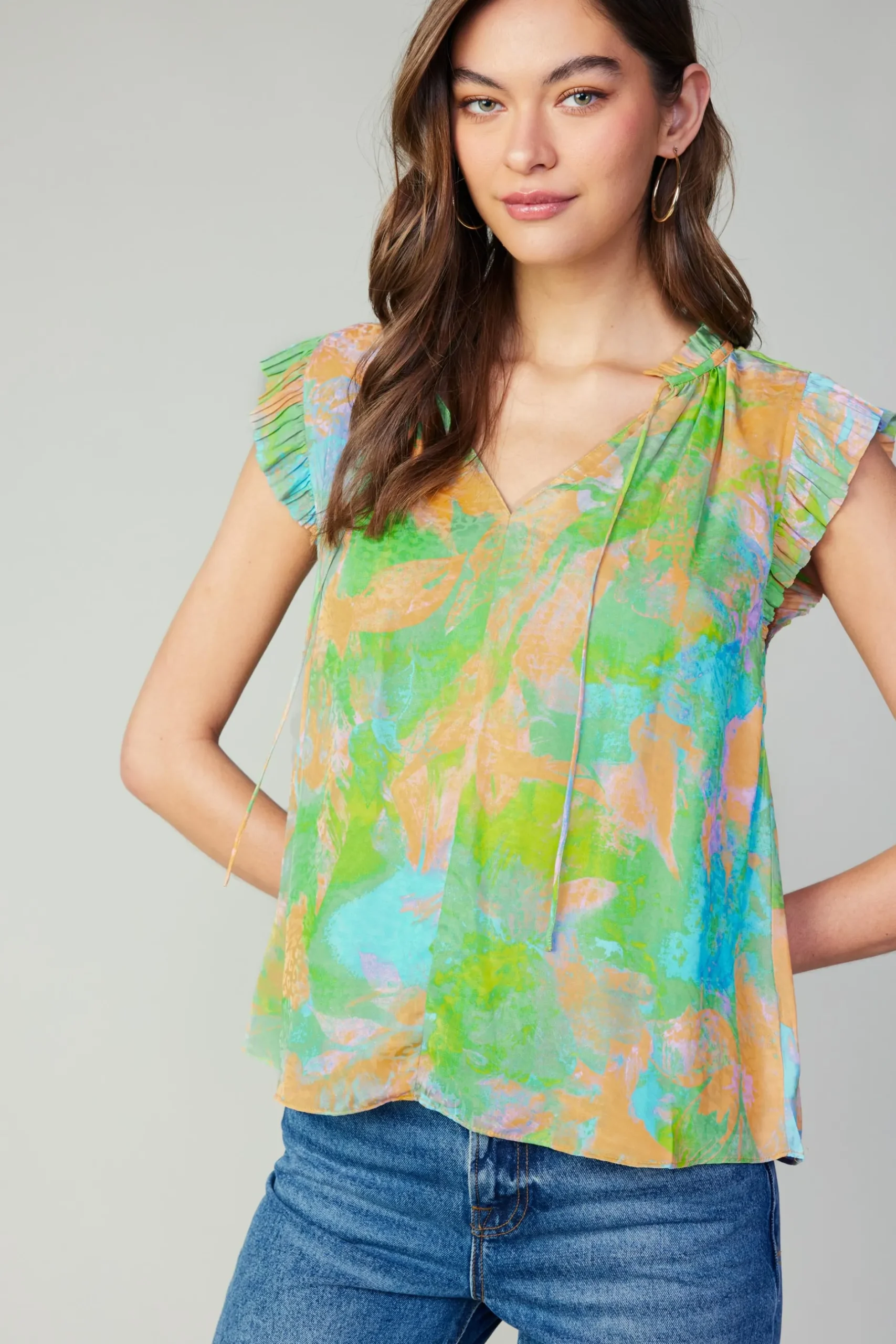 Short Sleeve Tops-Current Air Margot Abstract Pleated Sleeve Blouse GREENORANGE