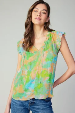 Short Sleeve Tops-Current Air Margot Abstract Pleated Sleeve Blouse GREENORANGE