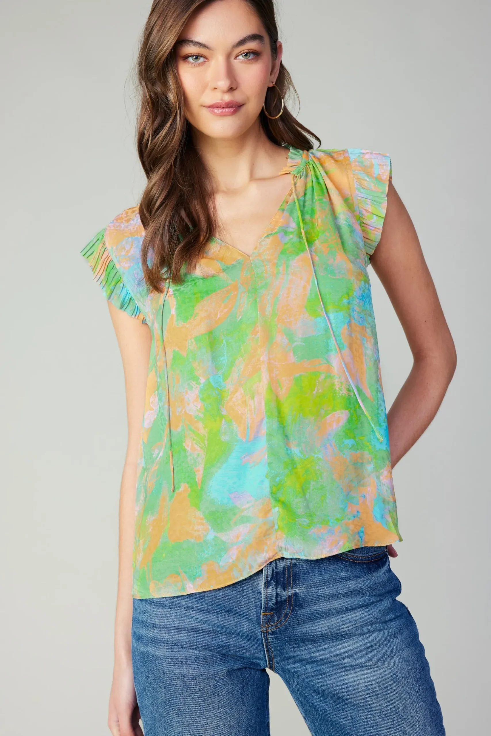 Short Sleeve Tops-Current Air Margot Abstract Pleated Sleeve Blouse GREENORANGE