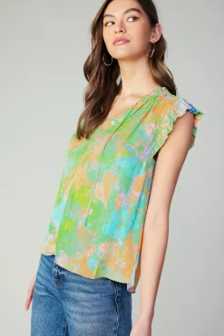 Short Sleeve Tops-Current Air Margot Abstract Pleated Sleeve Blouse GREENORANGE