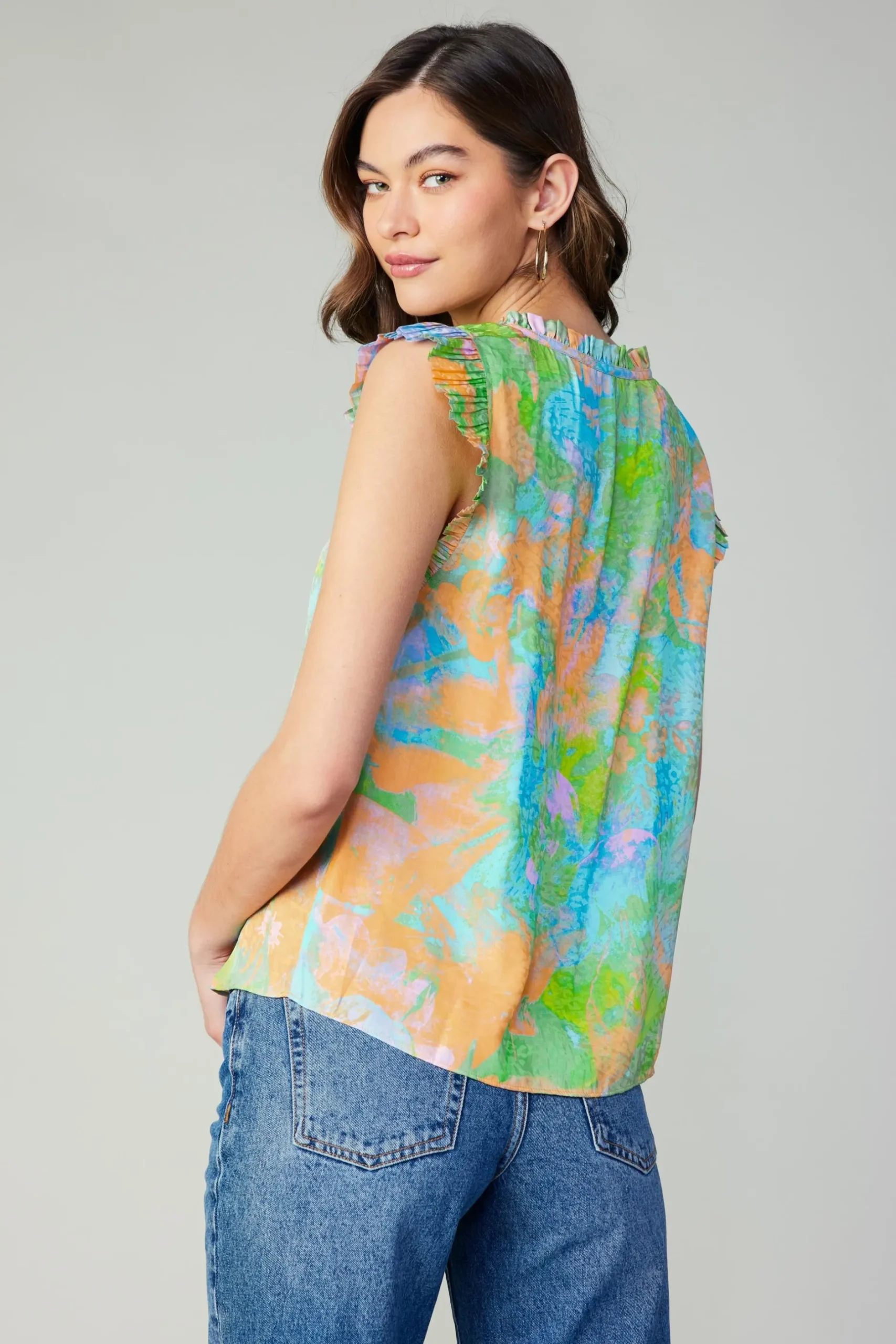 Short Sleeve Tops-Current Air Margot Abstract Pleated Sleeve Blouse GREENORANGE