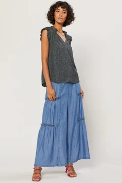 Sleeveless Tops|Short Sleeve Tops-Current Air Margot Jacquard Pleated Sleeve Blouse DARKOLIVE