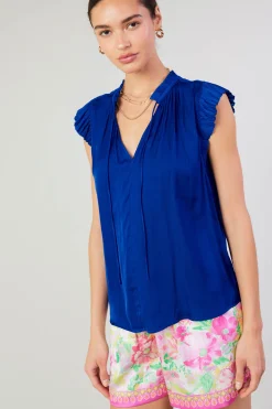 Short Sleeve Tops-Current Air Margot Pleated Blouse COBALT