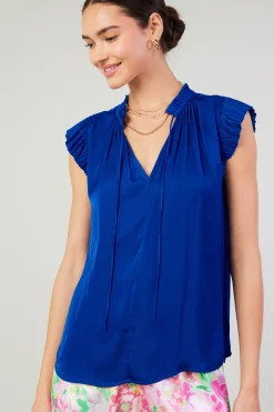 Short Sleeve Tops-Current Air Margot Pleated Blouse COBALT