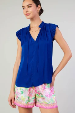 Short Sleeve Tops-Current Air Margot Pleated Blouse COBALT