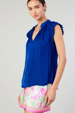 Short Sleeve Tops-Current Air Margot Pleated Blouse COBALT