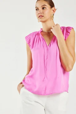 Short Sleeve Tops-Current Air Margot Pleated Sleeve Blouse PINK