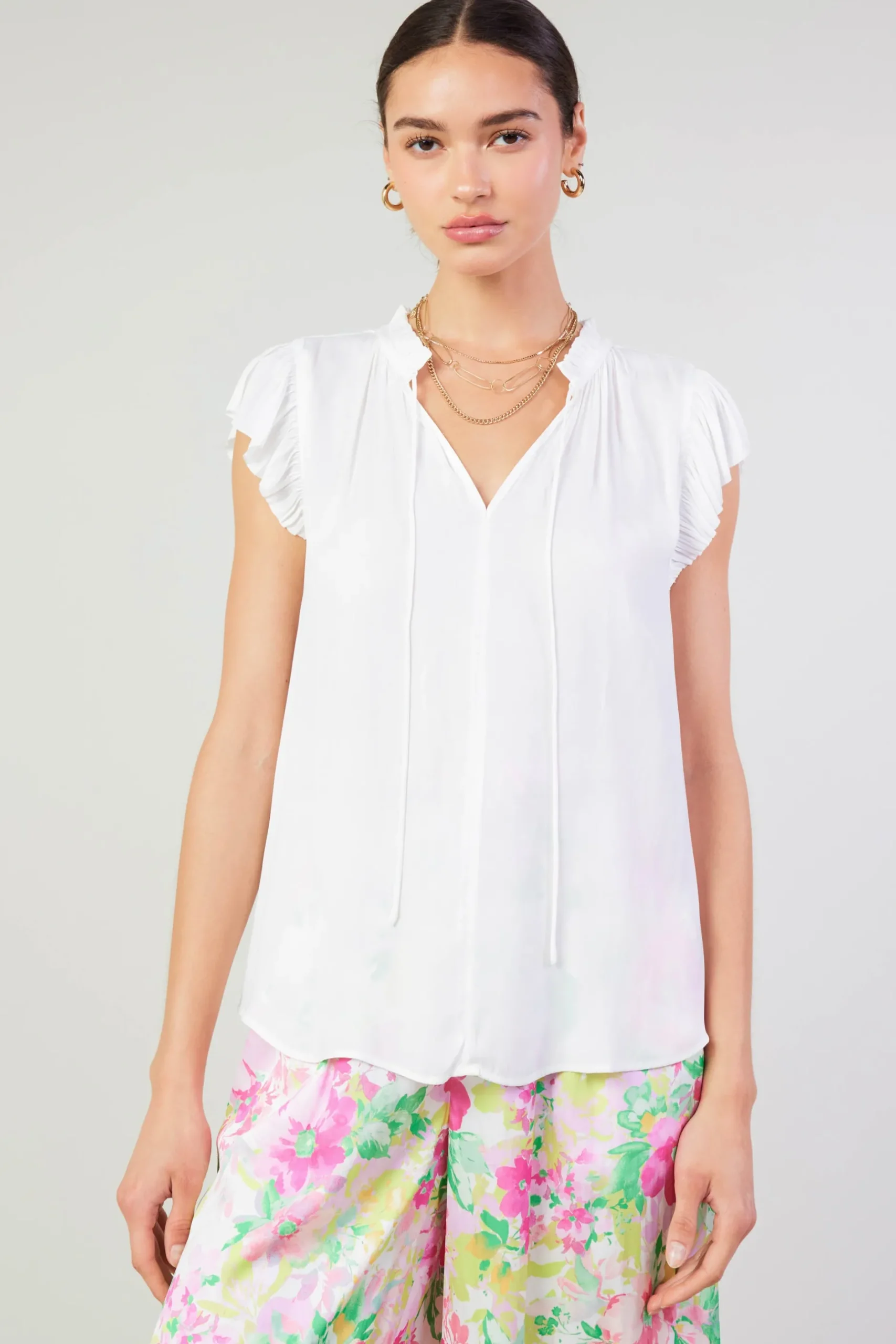 Short Sleeve Tops-Current Air Margot Pleated Sleeve Blouse OFFWHITE