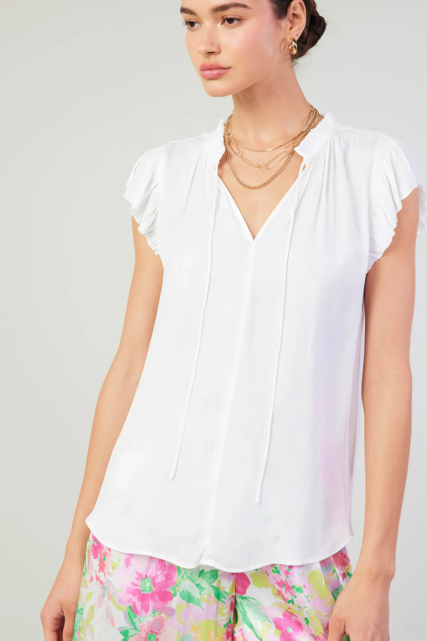 Short Sleeve Tops-Current Air Margot Pleated Sleeve Blouse OFFWHITE