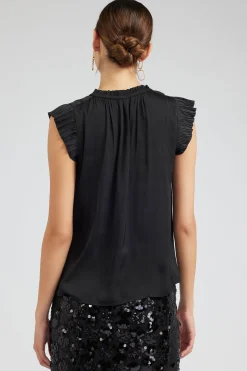 Sleeveless Tops|Short Sleeve Tops-Current Air Margot Pleated Sleeve Blouse BLACK
