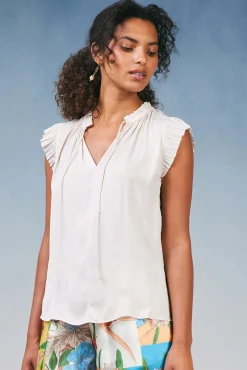 Short Sleeve Tops|Sleeveless Tops-Current Air Margot Pleated Sleeve Blouse ECRU