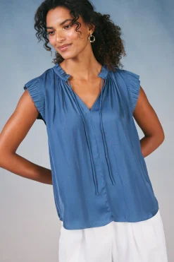 Short Sleeve Tops-Current Air Margot Pleated Sleeve Blouse DARKDUSTYBLUE