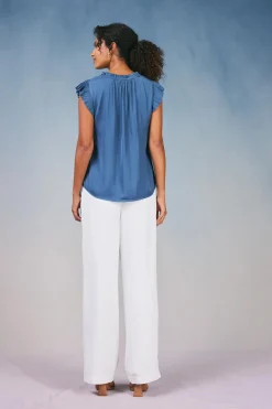 Short Sleeve Tops-Current Air Margot Pleated Sleeve Blouse DARKDUSTYBLUE