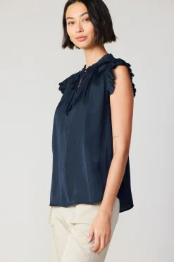 Short Sleeve Tops-Current Air Margot Pleated Sleeve Blouse DARKNAVY