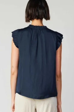 Short Sleeve Tops-Current Air Margot Pleated Sleeve Blouse DARKNAVY