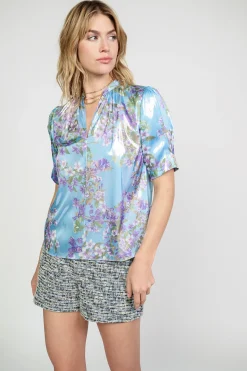Short Sleeve Tops-Current Air Metallic Botanical Print Top BLUEPURPLEMLT
