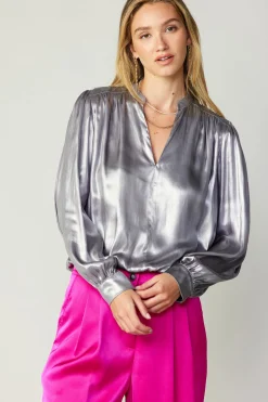 Long Sleeve Tops-Current Air Metallic Bubble Hem Blouse SILVER