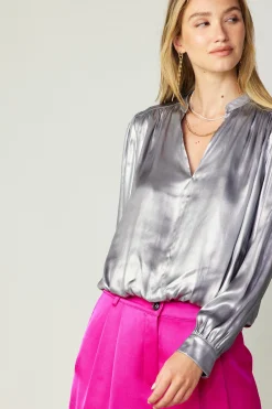 Long Sleeve Tops-Current Air Metallic Bubble Hem Blouse SILVER