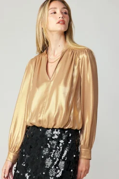 Long Sleeve Tops-Current Air Metallic Bubble Hem Blouse GOLD