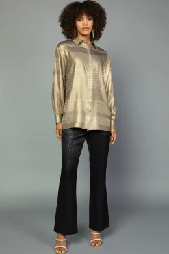 Long Sleeve Tops-Current Air Metallic Button Down Top GOLDFOIL