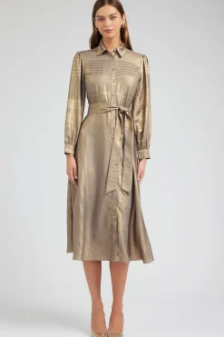 Maxi Dresses|Midi Dresses-Current Air Metallic Buttondown Dress GOLD