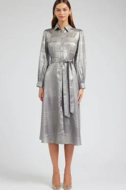 Maxi Dresses|Midi Dresses-Current Air Metallic Buttondown Dress SILVER
