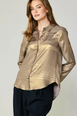 Long Sleeve Tops-Current Air Metallic Buttonup Shirt GOLD