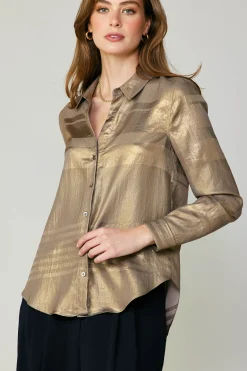 Long Sleeve Tops-Current Air Metallic Buttonup Shirt GOLD