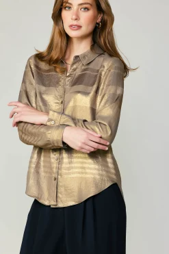 Long Sleeve Tops-Current Air Metallic Buttonup Shirt GOLD