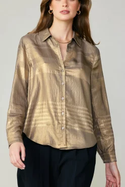 Long Sleeve Tops-Current Air Metallic Buttonup Shirt GOLD