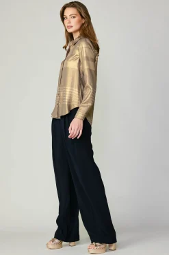 Long Sleeve Tops-Current Air Metallic Buttonup Shirt GOLD