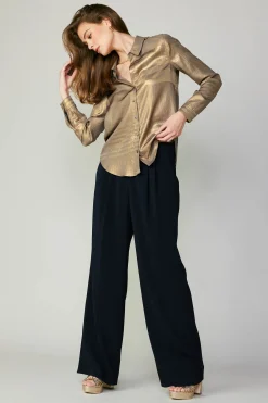 Long Sleeve Tops-Current Air Metallic Buttonup Shirt GOLD