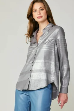 Long Sleeve Tops-Current Air Metallic Buttonup Shirt SILVER