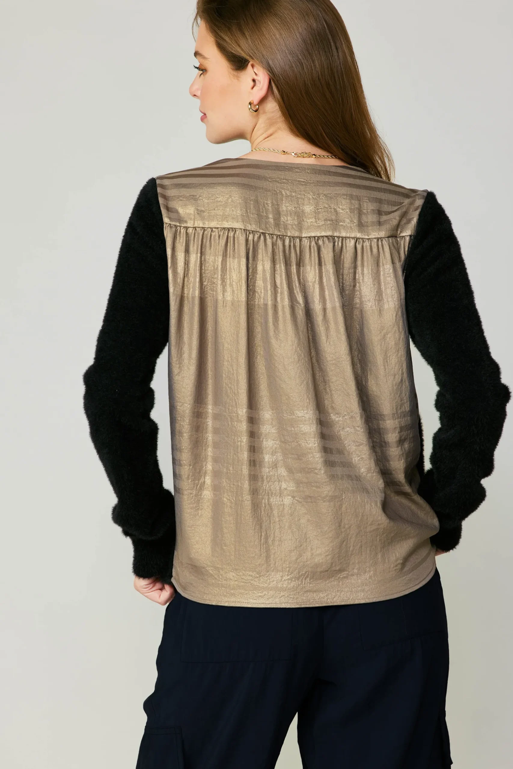 Cardigans-Current Air Metallic Contrast Cardigan GOLD-BLACK