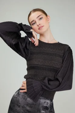 Knitwear|Long Sleeve Tops-Current Air Metallic Contrast Sweater Top DARKBRONZE