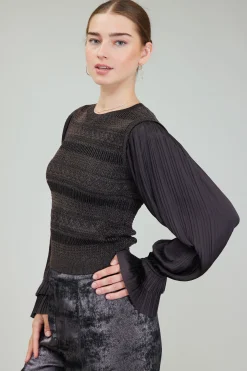 Knitwear|Long Sleeve Tops-Current Air Metallic Contrast Sweater Top DARKBRONZE