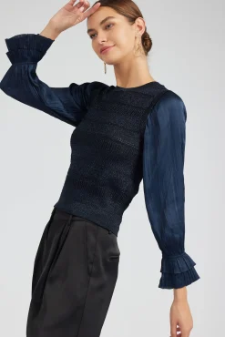 Knitwear|Long Sleeve Tops-Current Air Metallic Contrast Sweater Top NAVY