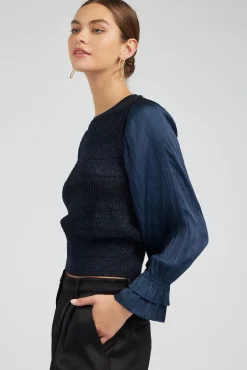 Knitwear|Long Sleeve Tops-Current Air Metallic Contrast Sweater Top NAVY