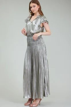 Maxi Dresses-Current Air Metallic Maxi Dress OLIVESILVER