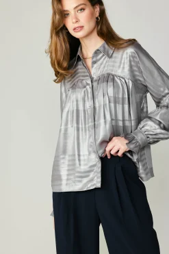 Long Sleeve Tops-Current Air Metallic Pleated Shirt SILVER