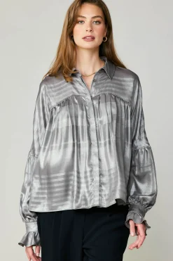 Long Sleeve Tops-Current Air Metallic Pleated Shirt SILVER