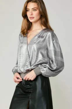 Long Sleeve Tops-Current Air Metallic Surplice Blouse SILVER