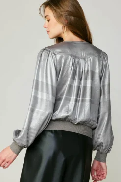 Long Sleeve Tops-Current Air Metallic Surplice Blouse SILVER
