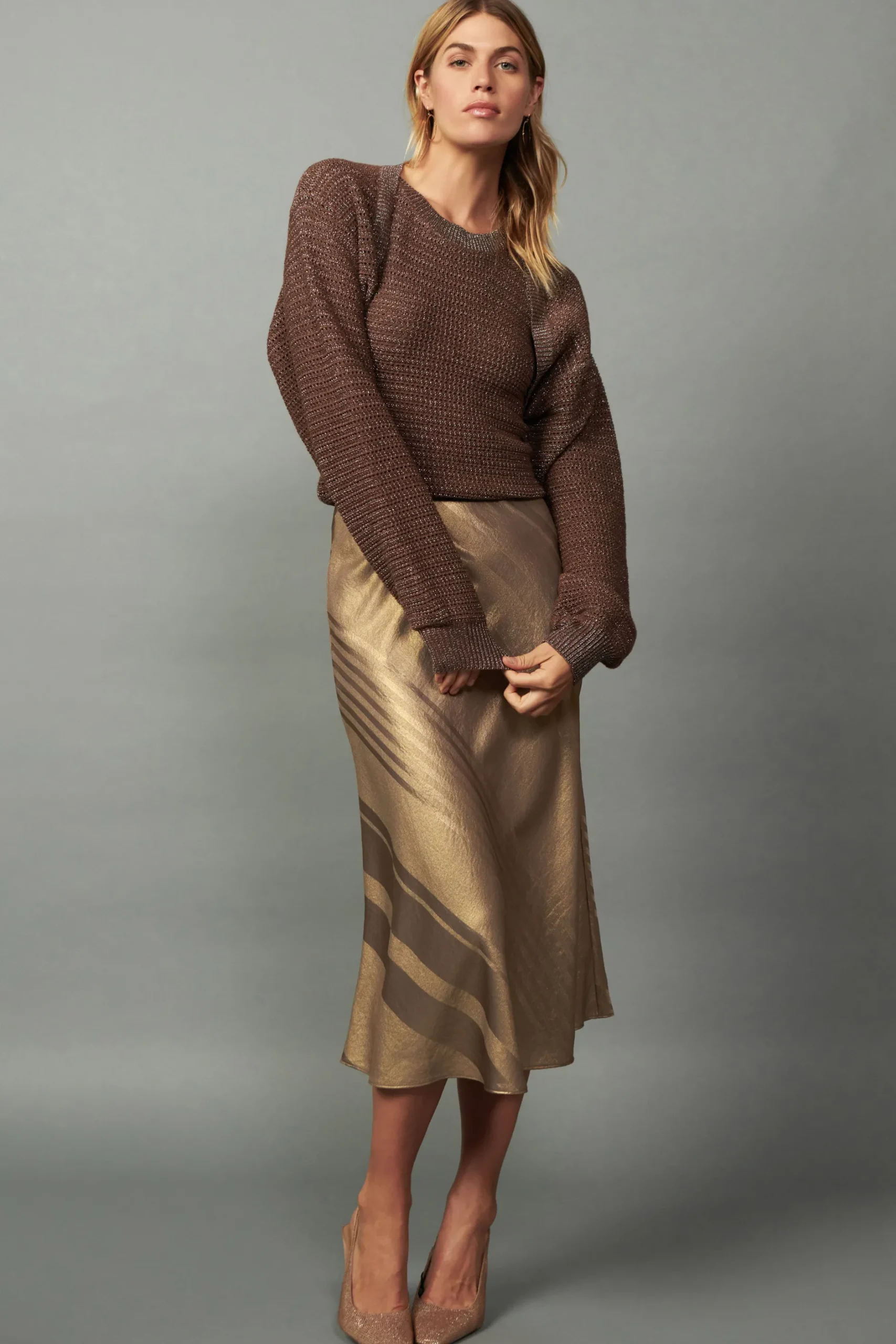 Knitwear|Coats & Jackets-Current Air Metallic Sweater Shrug Set METALLICBROWN