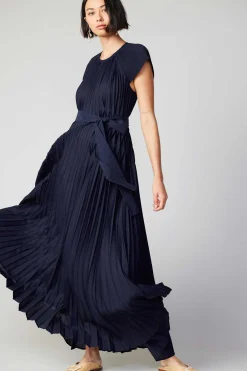 Maxi Dresses-Current Air Mona Pleated Maxi Dress NAVY