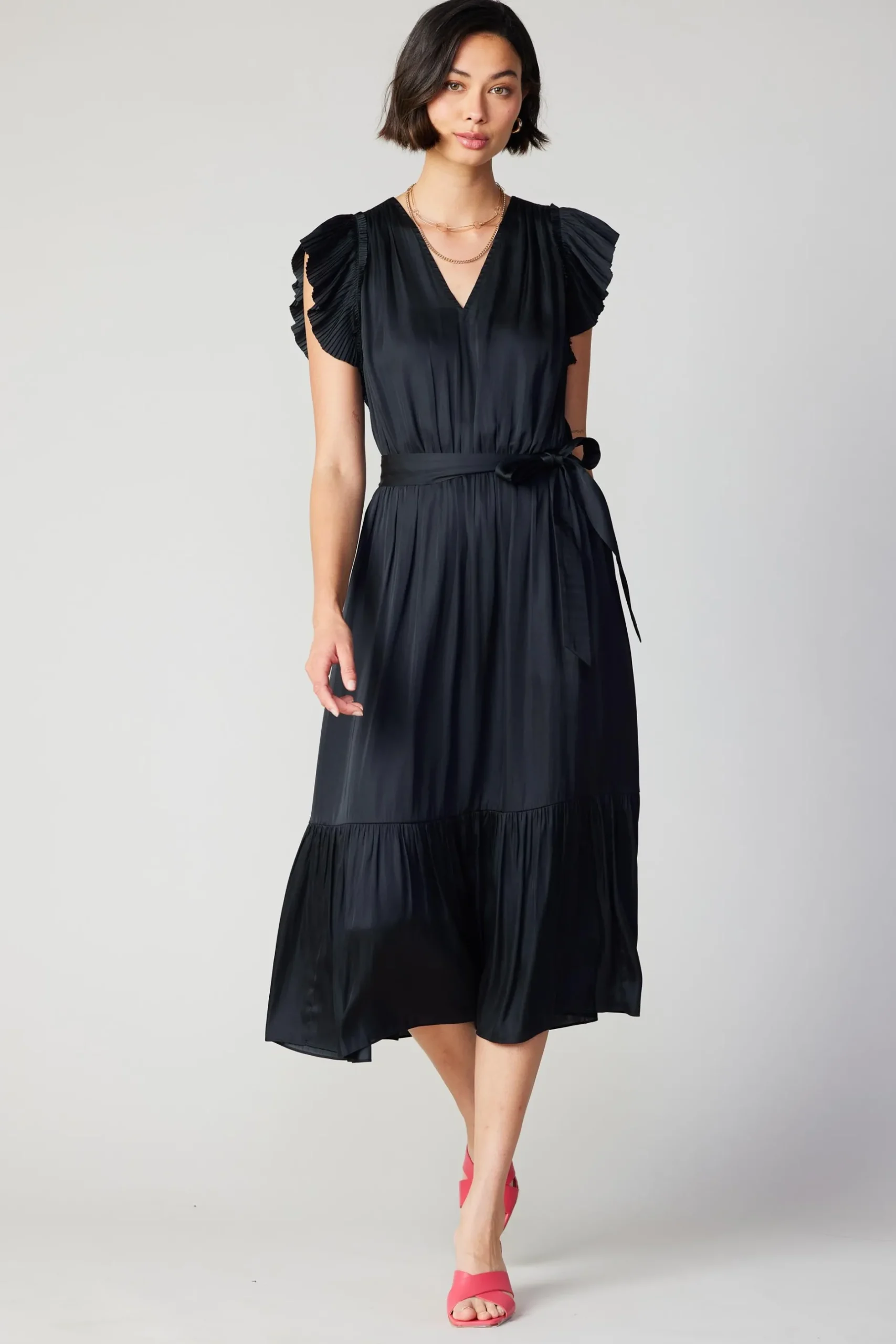Midi Dresses-Current Air Natalia Flutter Sleeve Dress BLACK