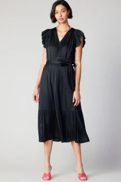 Midi Dresses-Current Air Natalia Flutter Sleeve Dress BLACK